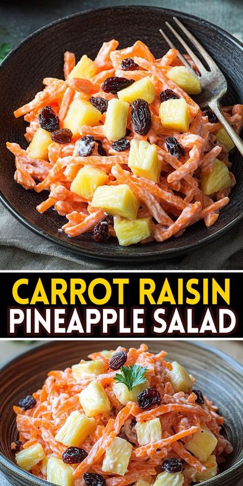 Try our Carrot Raisin Pineapple Salad! This vibrant salad combines crunchy carrots, sweet raisins, and juicy pineapple for a delightful flavor explosion. Ready to Make Your Own Carrot Raisin Pineapple Salad? Click the link for the full recipe and tips on how to customize it to your taste! 👩‍🍳✨ 🔗 Save this pin for later and share with your friends! #CarrotRaisinSalad #HealthySalads #PineappleRecipes #SummerSalads #QuickRecipes #NutritiousMeals Carrot Raisin Salad With Pineapple, Carrot Pineapple Salad, Carrot Salad With Raisins, Pineapple Salad Recipes, Vibrant Salad, Raisin Salad, Carrots Sweet, Mayonnaise Dressing, Carrot Raisin Salad