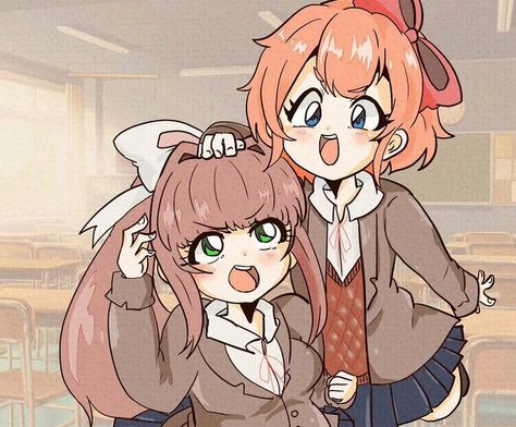 Monika And Sayori, Ddlc Ships, Sayori Kinnie, Sayori Ddlc, Monika Ddlc, Toki Doki, Oki Doki, Lgbtq Funny, Psychological Horror