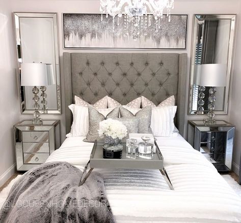 LGQUEEN Home Decor on Instagram: “Swipe for the before and after! 🤩 I gave my guest bedroom an updated makeover! Full video is on my YouTube channel. Link in bio! ❤️ . . .…” Grey Glam Bedroom Ideas, Boutique Bedroom, Glam Bedroom Ideas, Houses Inside, Glam Bedroom Decor, Dream Bedrooms, Silver Bedroom, Grey Bed, Glamourous Bedroom