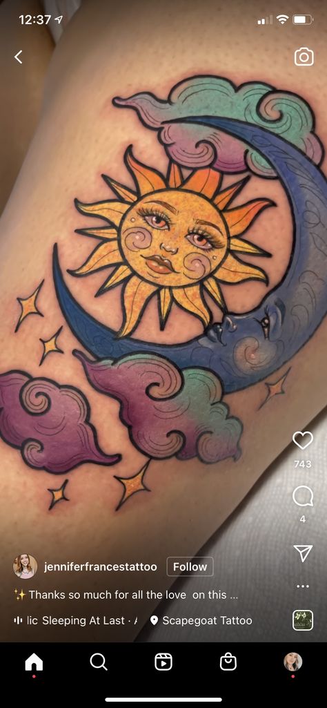 Traditional Tattoo Clouds, Traditional Sun Tattoo, Blue Moon Tattoo, Moon Sun Tattoo, Celestial Tattoo, Sun And Moon Tattoo, Traditional Tattoo Flowers, Peacock Feather Tattoo, Rainbow Tattoos