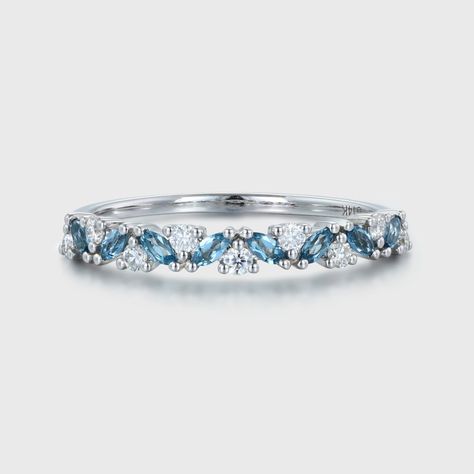 14k White Gold London Blue Topaz and Moissanite Half Eternity Wedding Band Blue Topaz And Diamond Wedding Band, Topaz Eternity Ring, London Blue Topaz Wedding Band, Blue Topaz Wedding Band, Interesting Rings, Princess Life, Blue Wedding Band, Pinterest Marketing Manager, Half Eternity Wedding Band