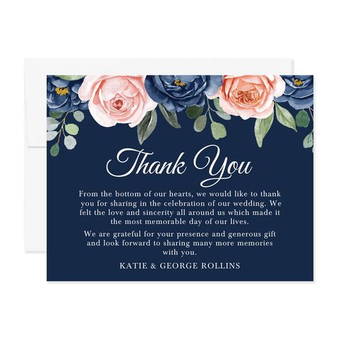 Hello Love Goods Personalized Wedding Thank You Cards with Message, Navy Blue Flat Thank You Note Cards with Pink Floral and Leaves, Envelopes Included Thank You Notes For Wedding Guests, Thank You For Coming To Our Wedding, Matching Fonts, Thank You Card Examples, Wedding Thank You Cards Wording, Free Wedding Cards, Wedding Invitation Fonts, Script Wedding Invitations, Hello Love