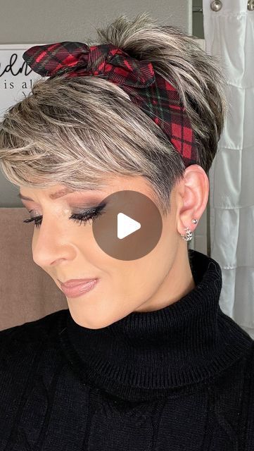 Pixie Haircut With Headband, Headbands For Pixie Haircut, Styling A Long Pixie Hair Tutorials, Pixie Hair With Headband, Short Asymmetrical Haircut Round Faces, Sharalee Hair, Short Hairstyles With Headbands, How To Style A Pixie Haircut, Hairband Hairstyle Short Hair