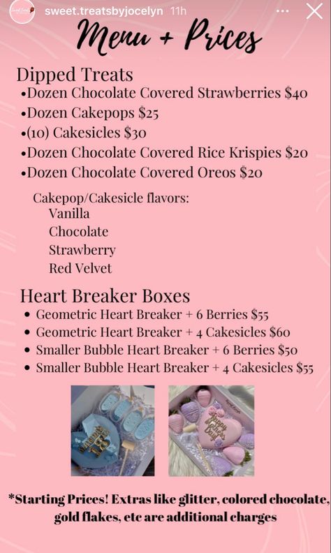 Mini Cake Pricing, Pastries To Sell, Chocolate Covered Strawberries Price List, Prices For Chocolate Covered Strawberries, Chocolate Covered Treats Price List, Sweet Treat Business, Chocolate Covered Strawberries Prices, Treats Business, Treat Maker Business