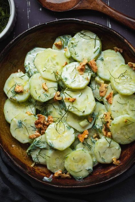 This vegan Polish cucumber salad is a plant based and dairy-free version of a popular side dish that's incredibly flavorful, crunchy and made with simple ingredients! Ready in under 10 minutes and great for BBQs and picnics. Vegan Picnic, Tofu Feta, Massaged Kale Salad, Vegan Potato Salads, Popular Side Dishes, Cold Lunches, Vegan Sour Cream, Vegan Salad Recipes, Vegan Potato