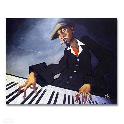 Drawing inspiration from the streets of New York City and its inhabitants, Justin BUA combines traditional urban art and fine art to create modern masterpieces. "Piano Man II" is a limited edition giclee on stretched canvas, numbered and hand signed by BUA. This piece comes gallery wrapped. Includes Certificate of Authenticity! Measures approx. 27" x 21" (image). $499 Contact gozer16869@aol.com if interested Urban Art Prints, Piano Art, Jazz Art, Jazz Piano, Piano Man, Afrocentric Art, African American Art, Jazz Music, Art Plastique