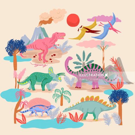 Animals and Children | Illustration by Ayang Cempaka Playroom Prints, Mary Blair, Dinosaur Illustration, Dior Beauty, Clip Studio Paint, Whimsical Illustration, Illustrated Map, Jurassic Park, Children Illustration