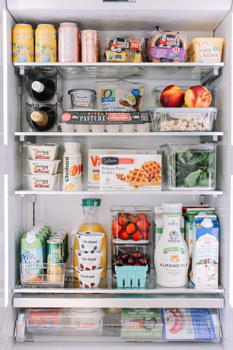 Things To Have In Your Fridge, Basic Fridge Necessities, Fridge Stocking Ideas, Single Fridge Organization, Fridge Necessities List, Healthy Stocked Fridge, Ceramic Fridge Organization, One Door Fridge Organization, Fridge Organization Realistic