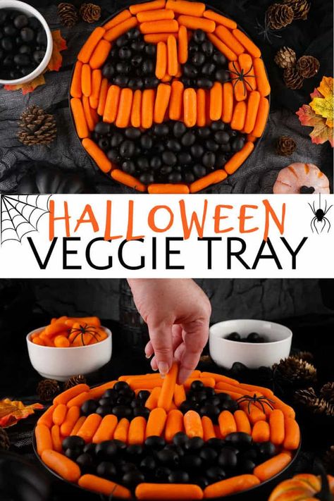 carrots and black olives used to make a pumpkin face halloween veggie tray Veggie Halloween Tray, Festive Platter, Halloween Fruit Tray, Halloween Veggie Tray, Halloween Themed Desserts, Halloween Fruit, Halloween Sweets, Halloween Dinner, Veggie Tray