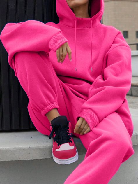 Hot Pink Casual Collar   Plain  Embellished Slight Stretch  Women Clothing Pink Tracksuit Outfit, Hot Pink Tracksuit, Hot Pink Hoodie, Sweatshirt And Sweatpants Set, Pink Tracksuit, Co Ords Outfits, Pink Sweat, Street Clothes, Tracksuit Outfit