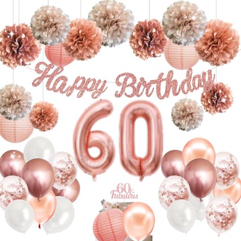 PRICES MAY VARY. ✔【What you will get 】- Package Included Happy Birthday PVC Banner ,Jumbo 32inch Rose gold Number 60, Tissue Flowers Rose gold /Rose pink /Boho Pink each color 2 pieces in 2 different size 10inch and 12 inch ,6 pieces Total, 4 pieces 8inch lanterns, 25pieces matched Balloons with Flowers and Extra Balloons Accessories parts ✔【60th Birthday Balloons】 -We Choose Rose Gold and Boho Pink main color as 60th Theme Birthday , The color is Glorious and Metallic , We are sure you will like our color choice , Wish you had a wonderful Birthday from Our Decoration Kit ✔【Premium Quality Kit 】- PVC Birthday Banner is Eco-friendly, All other party balloons are non-toxic and safe, non-smelling , durable and Sturdy, not easy to burst , the balloons after inflated, the shape will be more ova Balloons With Flowers, 60 Years Birthday, 60th Birthday Balloons, Flower Lantern, 60 Balloons, Birthday Decorations For Women, 60th Birthday Decorations, Tissue Flowers, Rose Gold Balloons