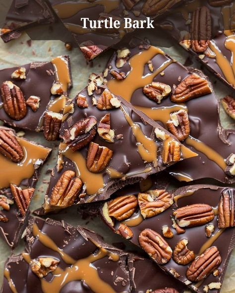 Recipes Vista | Turtle Bark | Facebook Turtle Recipes, Turtle Bark, Turtle Recipe, Caramel Squares, Pecan Turtles, Fantastic Recipes, Caramel Bits, Almond Bark, Chocolate Almond