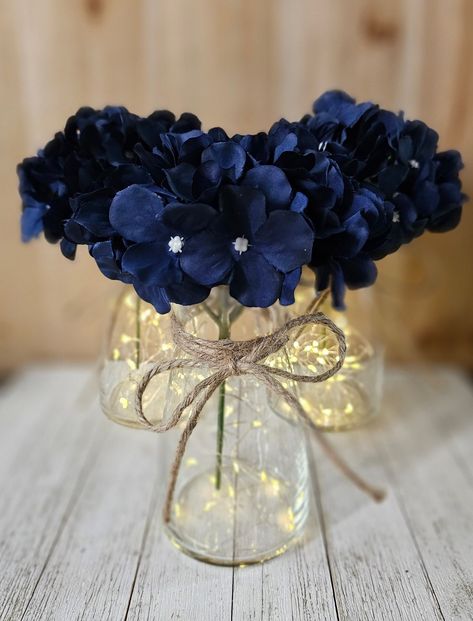 Frosted Mason Jar Centerpieces, Winter Banquet Centerpieces, Blue And Silver Table Centerpieces, Blue And Gold Flower Centerpieces, Blue White Silver Wedding Decor, Navy Engagement Party, Simple But Elegant Wedding Centerpieces, Blue White Tablescape, Simple Blue Wedding Decor