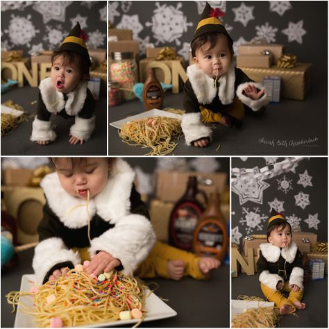 Buddy the Elf | Spaghetti Smash | Las Vegas Cake Smash Photographer | Maternity, Newborn, Baby & Family Photography Buddy The Elf Spaghetti, Baby Christmas Cards, Cake Smash Theme Ideas, Elf Spaghetti, Spaghetti Photo, First Birthday Ice Cream, Buddy The Elf Party, Baby Holiday Pictures, Elf Birthday