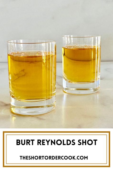 This sweet & spicy 2-ingredient Burt Reynolds shot recipe has a kick & now I know why he loved it so much. It warms you like the vanilla & cinnamon-spiced rum goes down & finishes with rich buttery caramel-like schnapps. Wow! Unfortunately, in the United States, you cannot find Butterscotch Ripple - so schnapps it is instead. Great with Captain Morgan's, Sailor Jerry, or other spiced rums. A great easy dessert shot recipe. Spiced Rum Drinks, Rum Shots, Shots Alcohol Recipes, Whiskey Drinks Recipes, Shooter Recipes, Spicy Drinks, Cocktail Shots, Shots Alcohol, Happy Hour Cocktails