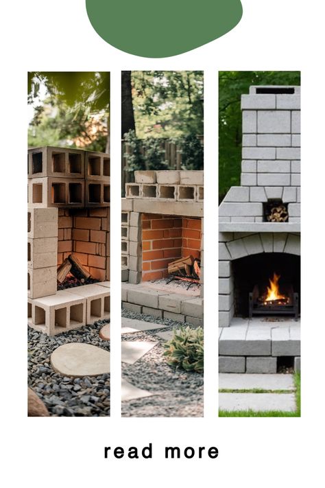 Three outdoor fireplaces made of bricks and concrete blocks, surrounded by greenery. Cinder Block Outdoor Fireplace, Cinder Block Fireplace, Block Fireplace, Build An Outdoor Fireplace, Cinder Blocks Diy, Kitchen Flooring Trends, Kitchen Tile Inspiration, Ensuite Bathroom Designs, Industrial Chic Kitchen