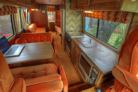 Vintage Motorhome, Airstream Rv, Motorhome Interior, Gmc Motorhome, Airstream Renovation, Class A Rv, Vintage Rv, Orange Interior, Motor Homes