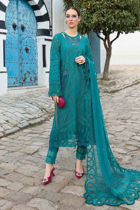 Maria.B Lawn'24 D#2A - PakCloths Shop Now: https://pakcloths.pk/shop/maria-b-lawn24-d2a/ #Mariab #Mariab2a Maria B Lawn, Pakistani Designer Clothes, Lawn Design, Organza Sleeves, Unstitched Dress Material, Embroidered Organza, Maria B, Lawn Suits, Organza Dupatta