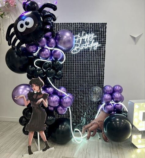 Womens Birthday Backdrop Ideas, Wednesday Addams Decorations Party, Wensday Decoration, Wednesday Addams Birthday Decor, Wednesday Addams Balloon Decor, Wednesday Addams Sleepover Party, Wednesday Adams Birthday Party Theme, Wensday Birthday Party Ideas, Wednesday Theme Party Decorations