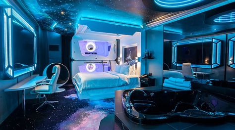 Space theme room at Fantasyland Fantasyland Hotel, Futuristic Rooms, Movie Themed Rooms, Futuristic Home Decor, Futuristic Room, Themed Hotel Rooms, Futuristic Bedroom, Mansion Bedroom, Space Themed Room