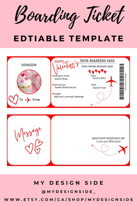 EDITABLE Boarding Ticket Template Plane Ticket Template, Boarding Ticket, Plane Ticket, Ticket Template, Love You So Much, Personal Message, Happy Valentines Day, Happy Valentine, Invitation Template