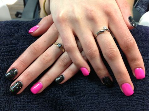 Lisa's nails. Bright pink and black with sparkles.  Gel nail art. Black Pink Gel Nails, Black And Bright Pink Nails, Black And Bright Nails, Bright Pink And Black Nails, Hot Pink French Tip Nails Short, Short Black And Pink Nails, Pink And Black Short Nails, Black And Neon Pink Nails, Black And Pink Nails Short