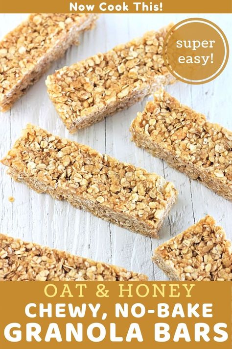 These homemade Oat and Honey Chewy No-Bake Granola bars are so quick, easy, and delicious that you may never buy granola bars again. Think crispy treats meets granola bar! Get the recipe and give them a try! #homemadegranolabars #granolabars #chewygranolabars #nobakegranolabars Sunbelt Granola Bars, Honey Granola Bar Recipe, Diy Granola Bars, Oatmeal Granola Bars, Granola Bar Recipe Chewy, Chewy Granola Bars Homemade, Easy Granola Bars, No Bake Granola Bars, Honey Granola