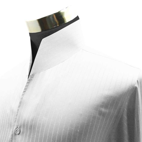 White Pin Stripes High Stiff Chinese Mandarin Open Buttonless Large V Collar Karl Lagerfeld Style, Mens White Dress Shirt, Karl Lagerfeld Fashion, Casual Grooms, Open Collar Shirt, Chinese Mandarin, Clothes Shirt, Long Sleeve Cotton Dress, Double Cuff