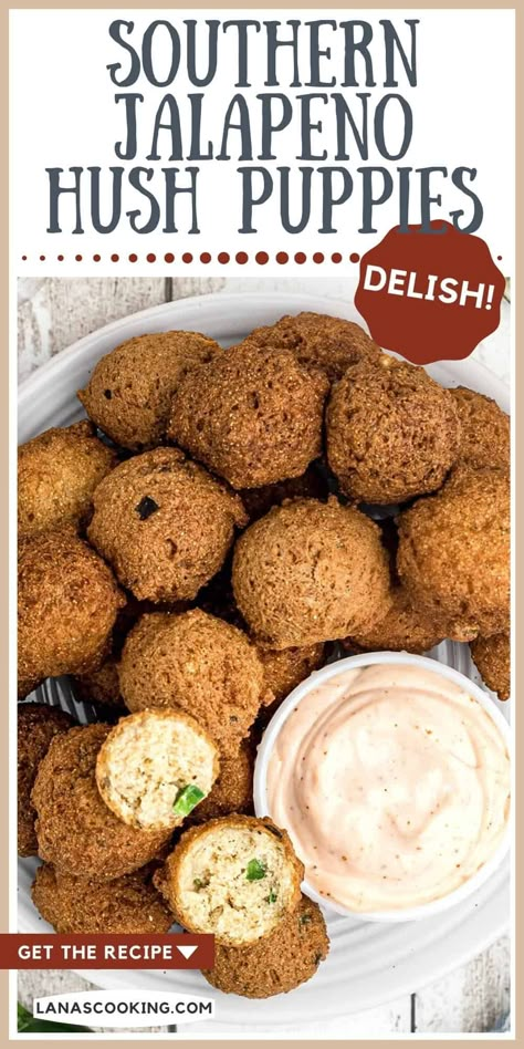 These Southern Hush Puppies with jalapeno are crispy on the outside with a tender, moist interior and a must for any kind of fried fish. https://www.lanascooking.com/southern-hush-puppies/ Mexican Hush Puppies Recipe, Southern Hush Puppies, Hush Puppies Recipe, Cornbread Easy, Comfort Soup Recipes, Boricua Recipes, Fried Fish Recipes, Weekend Cooking, Pecan Pie Recipe