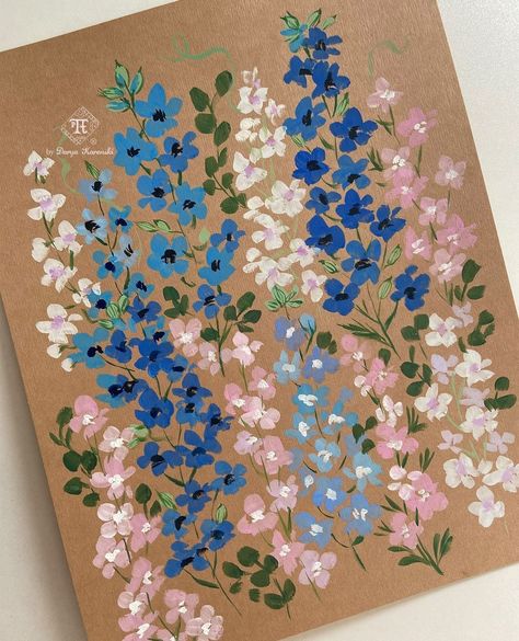 Darya Karenski on Instagram: “JULY - my birth month and a flower I absolutely adore - delphinium (larkspur). The saturated ultramarine blue ones (with black centers) are…” July Birthday Flower, Gouache Flowers, Floral Wall Art Prints, Easy Flower Painting, Blue Flower Painting, Acrylic Painting Flowers, Birthday Flower, Kunst Inspiration, July Birthday