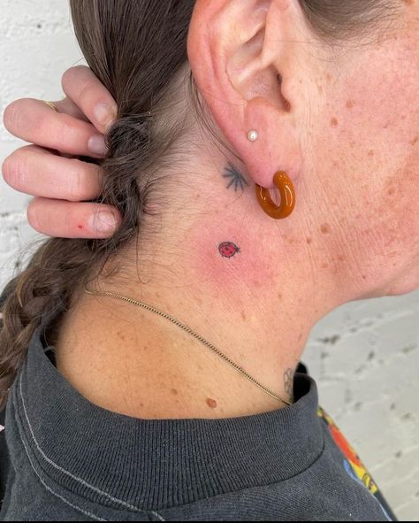 dainty ladybug tattoo placed under the ear on the side of the neck. Ladybug Tattoo, Tattoo Behind Ear, Lady Bug Tattoo, Bug Tattoo, Small Pretty Tattoos, Poke Tattoo, Hand Poke, Discreet Tattoos, Dainty Tattoos