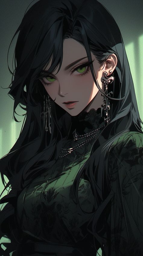 Black Hair Green Eyes Anime Female, Black Hair Green Eyes Girl Art, Female Oc Ideas, Black Hair Anime Woman, Black Hair Green Eyes Girl, Ocs Female, Black Hair And Green Eyes, Black Hair Green Eyes, Green Hair Girl