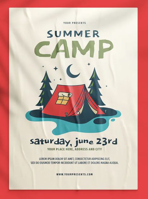 Art Pamphlet Design, Summer Camp Design Inspiration, Event Graphics Design, Summer Camp Banner Design, Summer Camp Flyers, Camping Flyer Design, Summer Camp Graphic Design, Summer Camp Poster Design, Camping Graphic Design