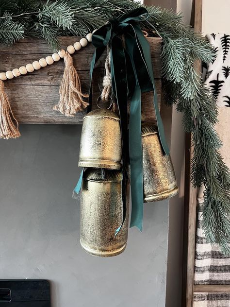 Fireplace Mantel Christmas Decor, Cow Bell Decor, Fireplace Mantel Christmas, Mantel Christmas Decor, Diy Christmas Mantel, Stairway Decor, Bell Decor, Stairway Decorating, Minimalist Christmas Decor