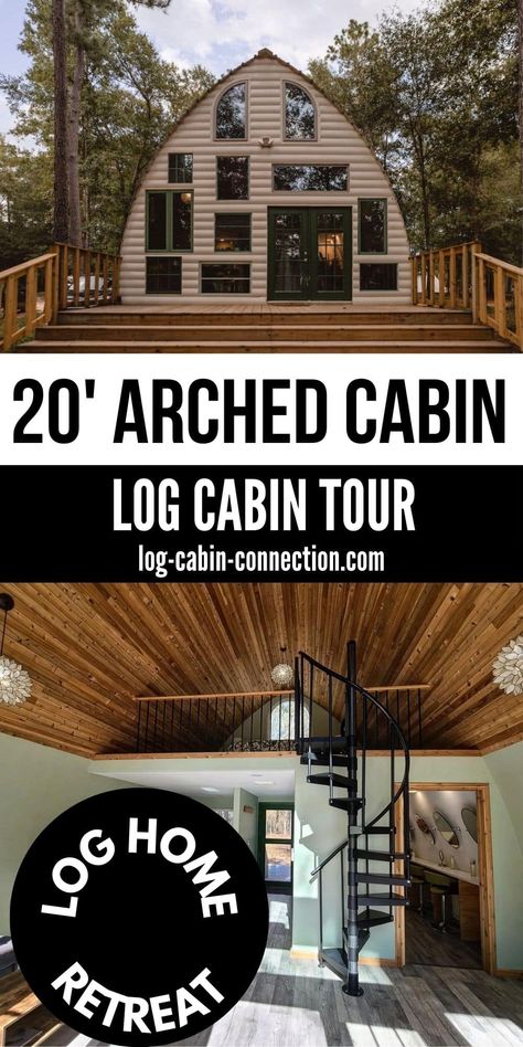 You'll love the mix of modern and rustic in the 20' arched cabin with a gorgeous front wall of windows bringing in natural light! Arched Cabin Interior Design, Arched Cabins 24x40, Arched Cabin Interior, Airbnb Cabin Ideas, Arched Cabin Floor Plans, Arch Cabins, Small Cabin Homes, Arched Cabins, Cheap Cabins