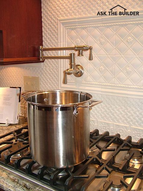 Pot Filler Faucet - Ask the Builder Diy Pot Filler Faucet, Pot Fillers, Commercial Kitchen Design, Kitchen Cooktop, Pot Filler Kitchen, New Kitchen Designs, Pot Filler Faucet, Pot Filler, Diy Pots