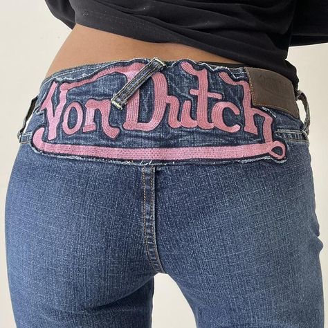 Von Dutch Jeans, Y2k Von Dutch, 1970s Jeans, Pink Patch, Elastic Jeans, Von Dutch, Hot Jeans, Nails Designs, Wide Leg Denim