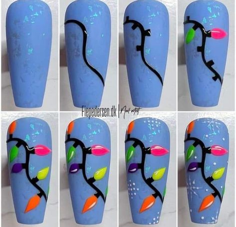 Step By Step Christmas Nail Art, Christmas Lights Nail Art, Step By Step Nail Designs, Christmas Lights Nails, Nail Art Elegant, Christmas Nail Designs Easy, Blue Christmas Nails, Nail Art Noel, Christmas Nails Diy