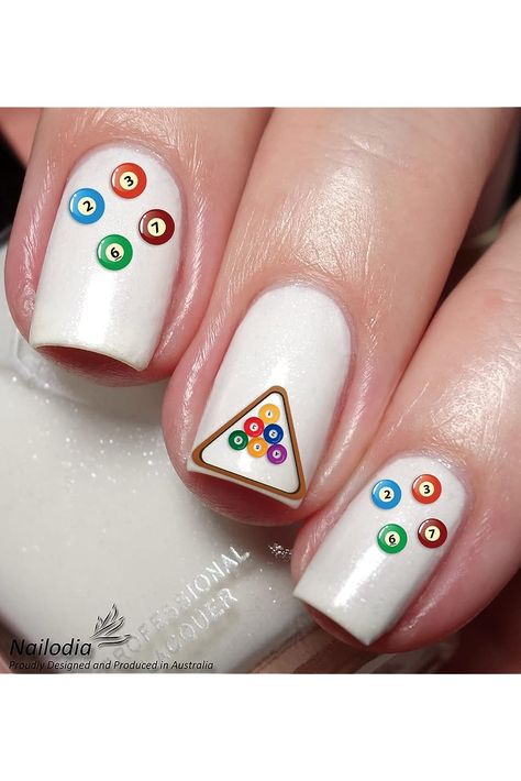 Pool &amp; Billiards Players Nail Art Decal Sticker Pool Nail Art, Pool Nails, Dragon Nails, 8 Ball Pool, Pool Billiards, Square Nail Designs, Homemade Art, Ball Pool, New Nail Designs