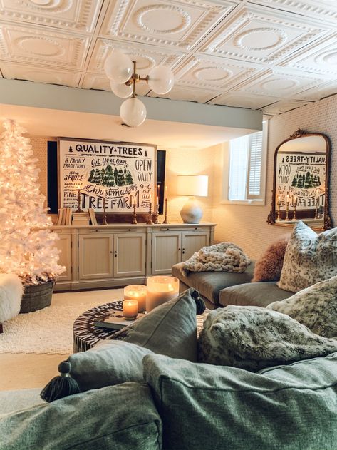 Kipton for the win! - Kindred Vintage Cozy Basement Family Room, Vintage Basement, Modern Home Interior, Cozy Basement, Trendy Rug, Basement Family Room, Hudson Valley Lighting, Custom Upholstery, Vintage Home