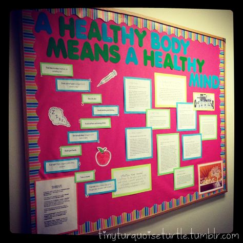 February bulletin board #2!  A healthy body means a healthy mind.  Health tips and 8 bodyweight exercises to try in your room.  Fitting my staff's Thrive dimension of “Vitalize Your Vessel (Continue to develop your body and mind.  Commit yourself to enjoyable movement and maintaining a learner’s mind.)” #februarybulletinboard #bulletinboard #reslife #ca #caprobs #communityassistant #ra #residentavisor #residentassistant #health #healthy #thrive #healthybody #healthymind Pe Board, February Bulletin Boards, School Nurse Office Decorations, Healthy Board, Resident Advisor, Vegetarian Recipes Dinner Healthy, School Nursing, Mind Health, Res Life