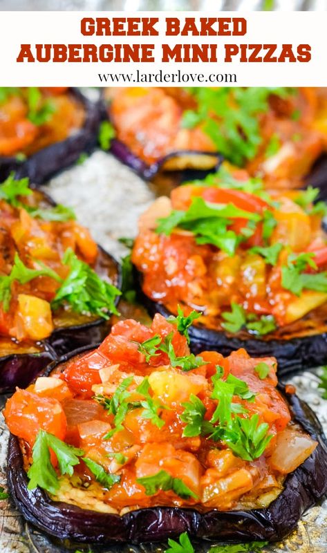 These Greek baked aubergine/eggplant mini pizzas are gluten free, low carb vegetarian and perfect for those on the Mediterranean diet. They make great party nibbles too. #aubergine #eggplant #vegetarian #low carb pizza #mediterranean diet #larderlove Baked Aubergine, Vegetarian Low Carb, Aubergine Recipes, Party Nibbles, Aubergine Recipe, Eggplant Pizzas, Vegetarian Sides, Vegetarian Side Dishes, Mini Pizzas