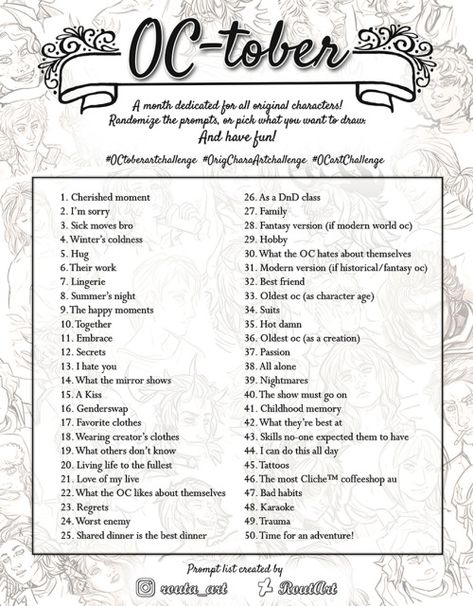 Oc Character Prompts, 30 Day Writing Challenge Prompts, October Art Prompts, October Prompts, Oc Drawing Prompts, Prompts Drawing, Oc Prompts, Quotes Creativity, 30 Day Writing Challenge