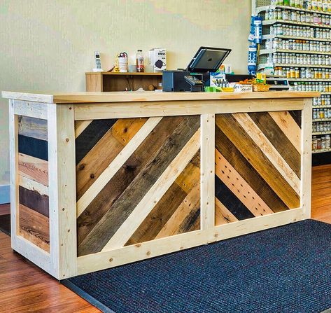 Reclaimed Wood Cash Wrap Counter, Barista Station Counter, Coffee Shop, Retail Counter, Custom, Rustic, Farmhouse - Etsy Counter Coffee Station, Barista Station, Retail Sales Counter, Reclaimed Wood Counter, Cash Wrap Counter, Pallet Counter, Plywood Countertop, Check Out Counter, Coffee Shop Counter