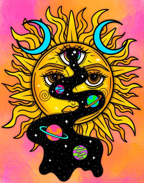 Sun Space, Trippy Wall Art, Trippy Wall, Trippy Drawings, Art Hippie, Trippy Designs, Psychadelic Art, Trippy Painting, Hippie Painting