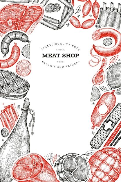 Premium Vector | Vintage vector meat products Meat Cuts Poster, Meat Art, Gourmet Meat, Meat Store, Meat Restaurant, Meat Delivery, Meat Products, Premium Meat, Meat Shop