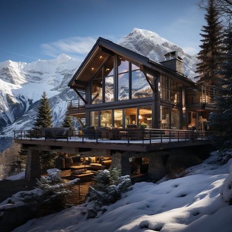 Winter Cabin Aesthetic Exterior, Snowy Mountain Mansion, Cozy House In The Mountains, Houses Exterior Cabin, Hotel Lodge Design, Mountain Cabin Windows, House Between Mountains, Dream House Mountains, Winter Chalet Exterior