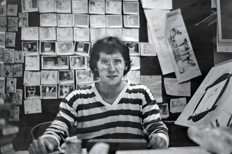 John Lasseter with drawings from his short “Nitemare,” in 1980. #CalArts John Lasseter, 70s Vanity, Animation News, High School Photos, Photo Slideshow, Animation Inspiration, Happy 60th Birthday, Tim Burton, The 70s