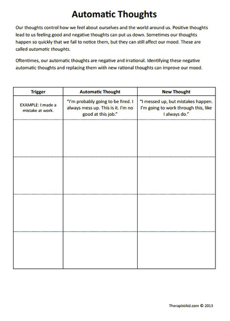 Automatic Thoughts, Cbt Worksheets, Counseling Worksheets, Cbt Therapy, Cognitive Behavior, School Social Work, Mental Health Counseling, Counseling Activities, Child Therapy