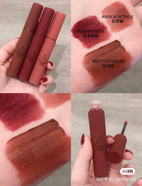 3ce Lipstick, 3ce Velvet Lip Tint, Lipstick Guide, Korean Lip Tint, Velvet Lip Tint, Makeup Package, Ulzzang Makeup, Lip Makeup Tutorial, Lipstick Shade